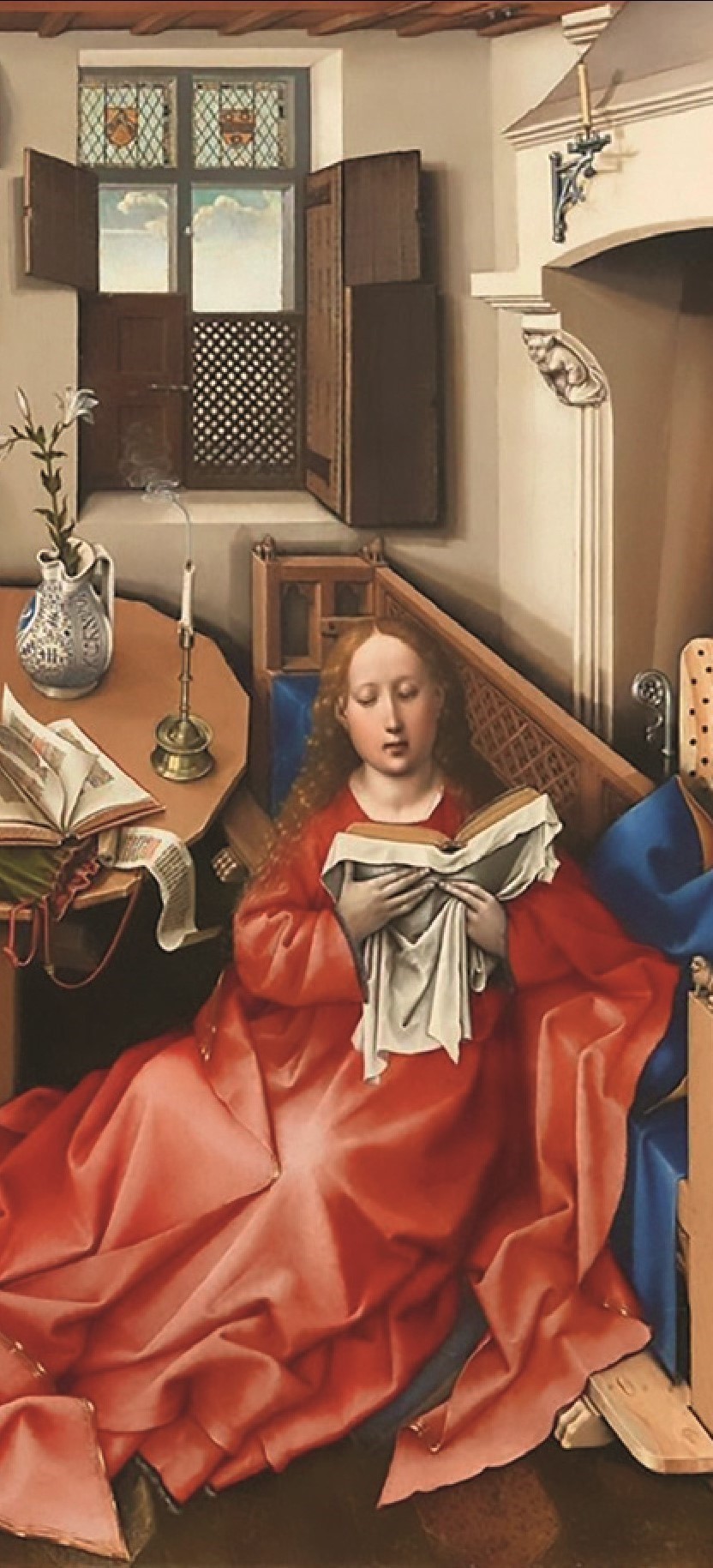 Left window of The Merode Altarpiece by the Master of Flémalle, showing a wealthy woman reading in a well-furnished room 